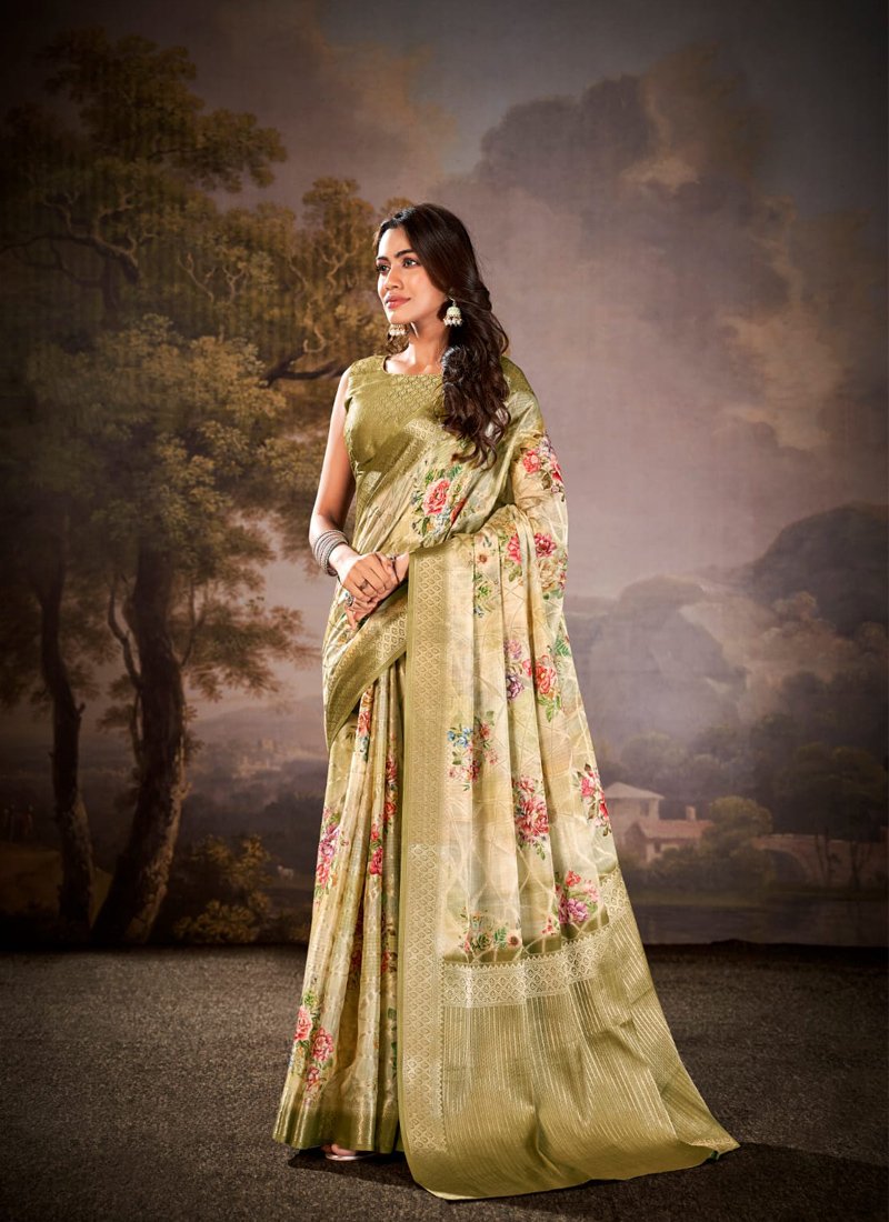 Elegant floral printed cotton silk saree in light green