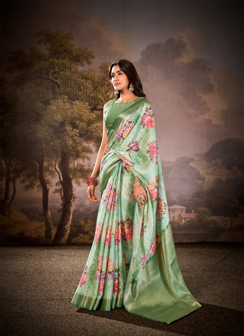 Elegant floral printed cotton silk saree in green