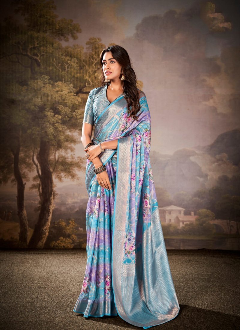 Elegant floral printed cotton silk saree in light blue