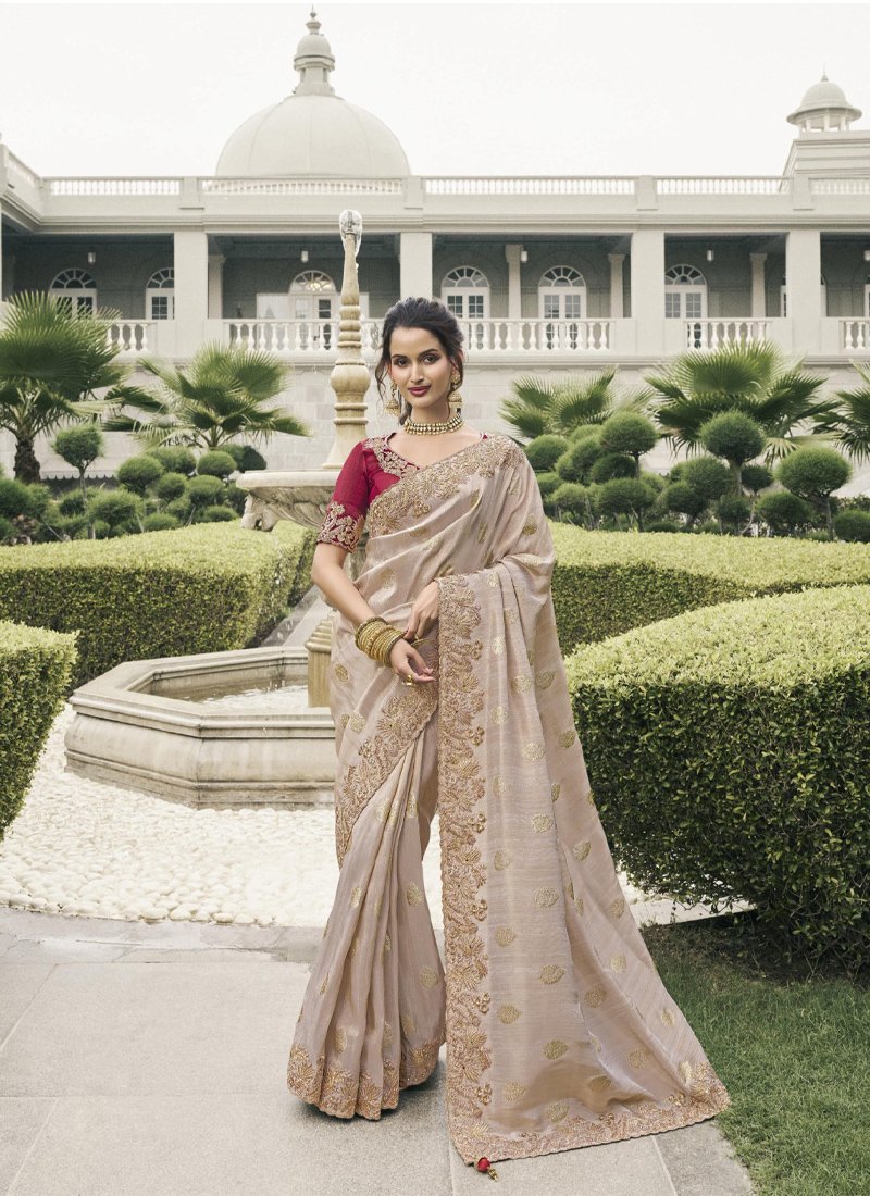 Stylish zari woven tissue silk saree in beige