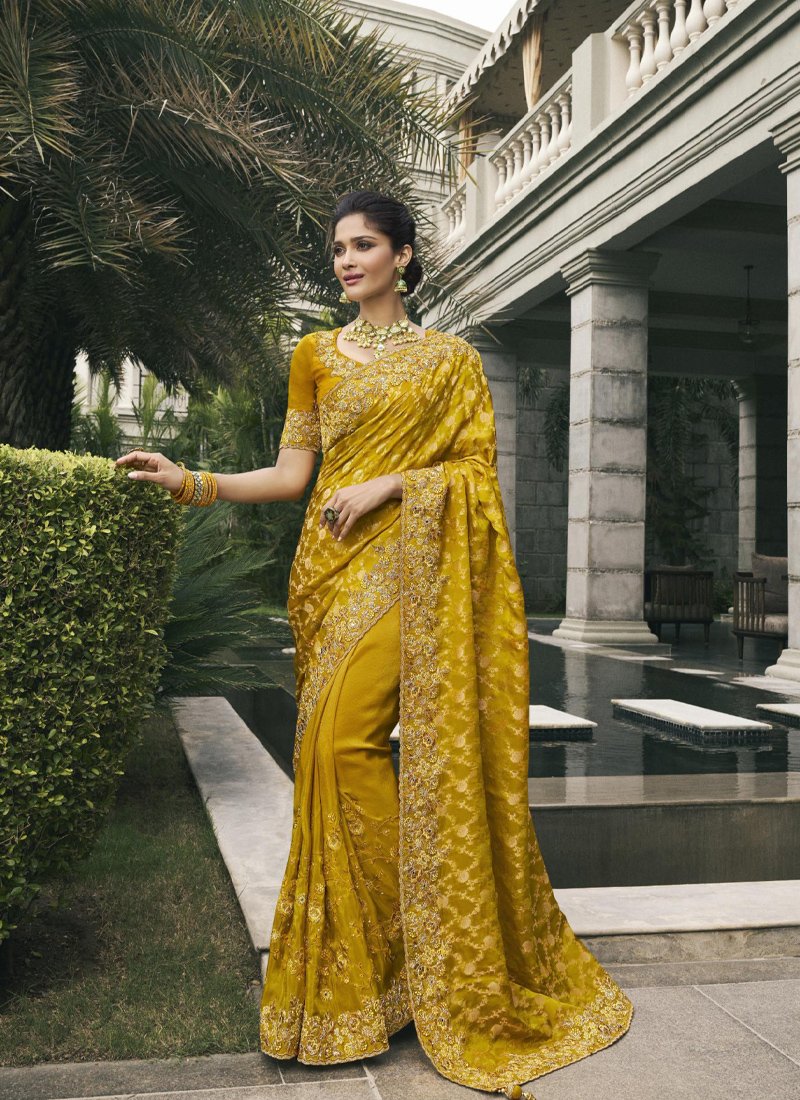 Stylish zari woven tissue silk saree in mustard