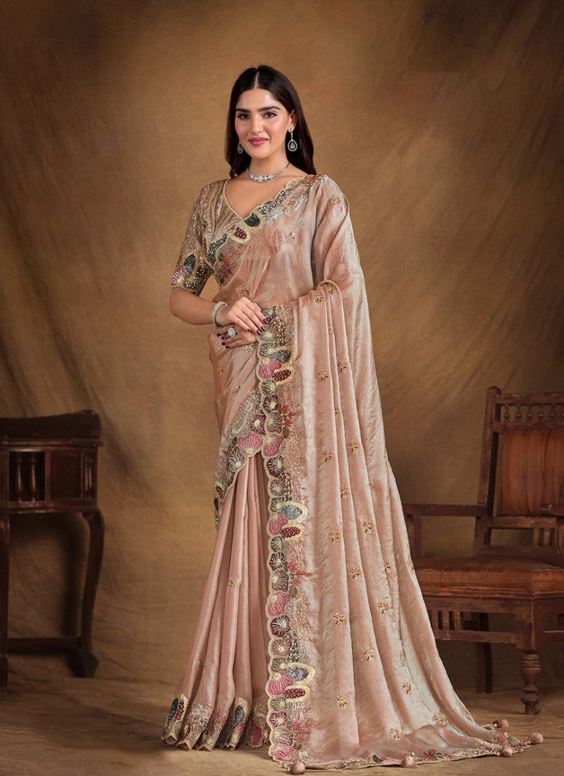 Exquisite mirror embroidered organza silk saree in beige