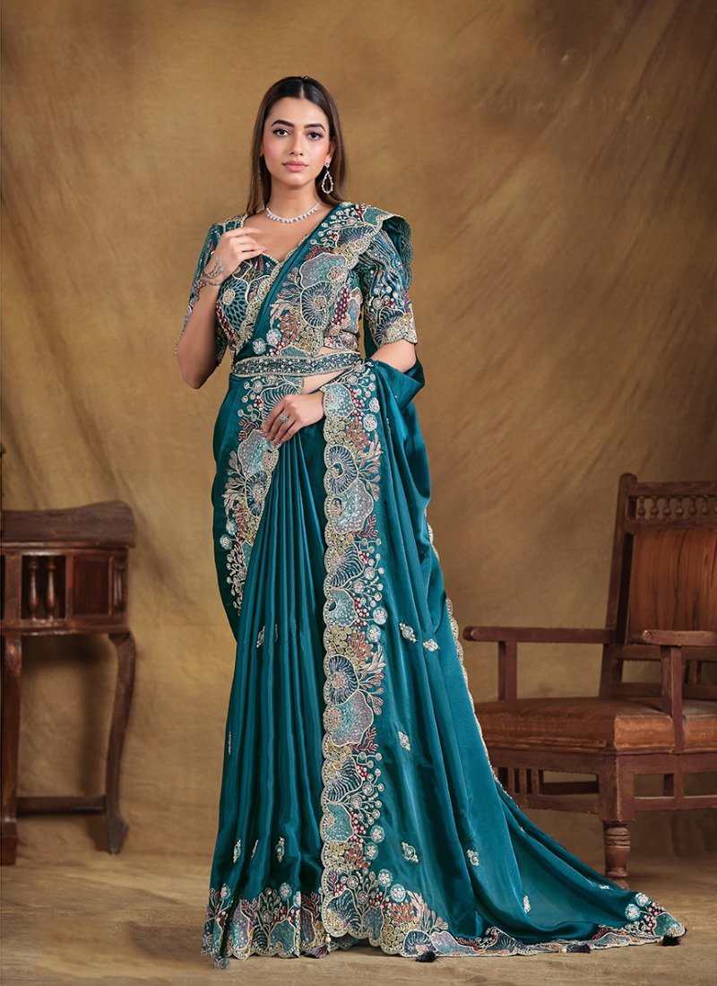 Exquisite mirror embroidered organza silk saree in dark blue