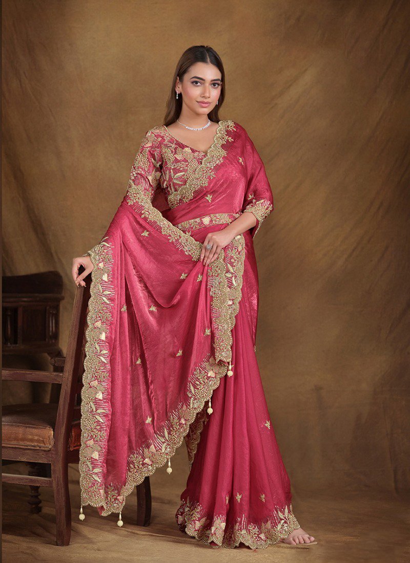 Exquisite mirror embroidered organza silk saree in red