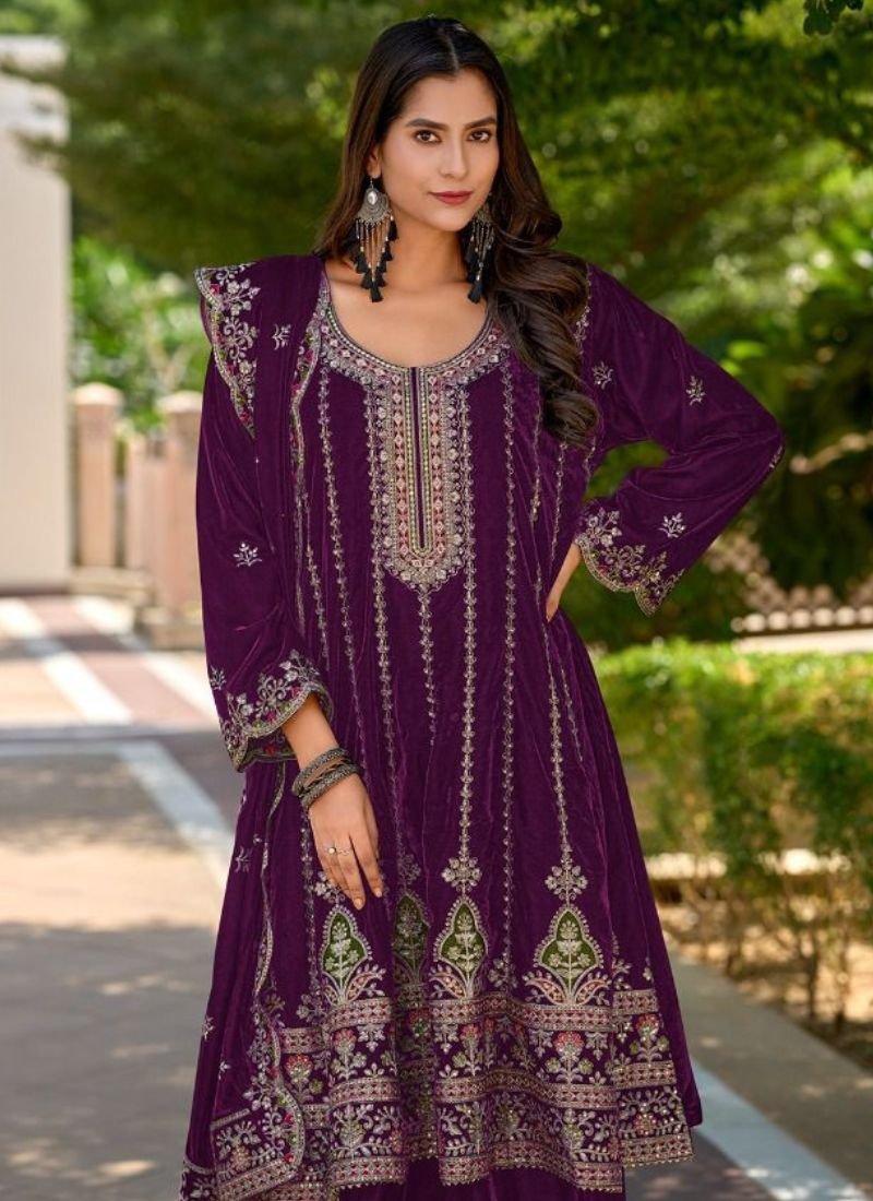 Trendy Velvet Kurta palazzo set in purple