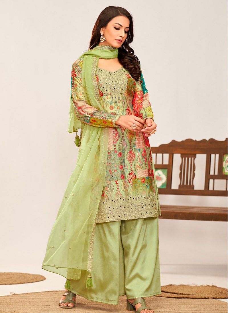 Stunning heavy embroidered premium chinon palazzo suit in light Green