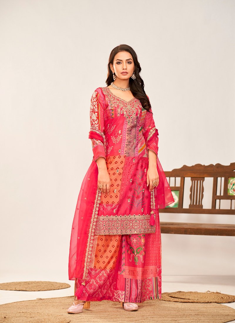 Stunning heavy embroidered premium chinon palazzo suit in pink