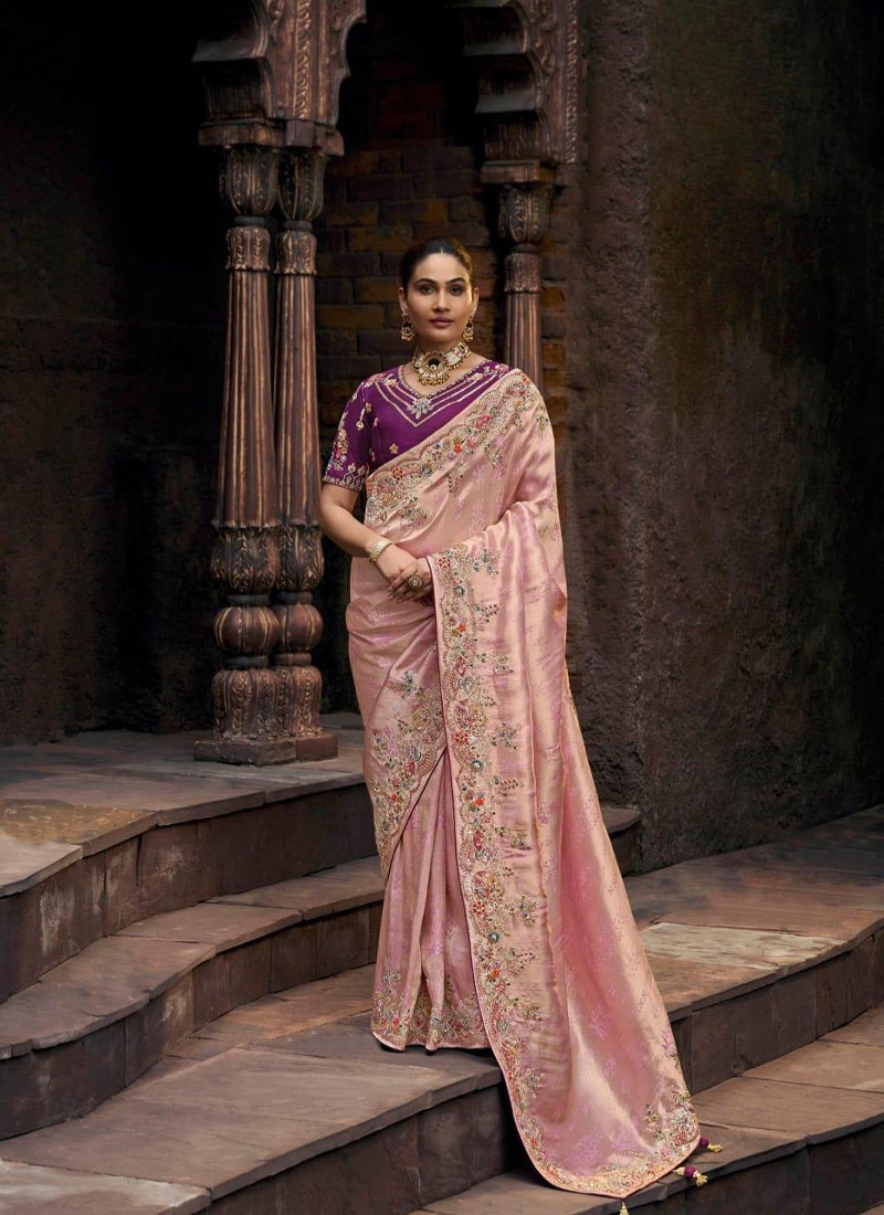 Designer zari embroidered viscose tissue saree in light pink