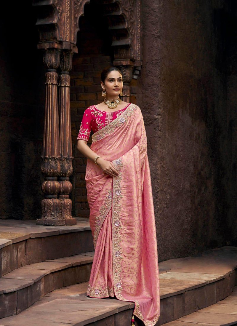 Designer zari embroidered viscose tissue saree in baby pink