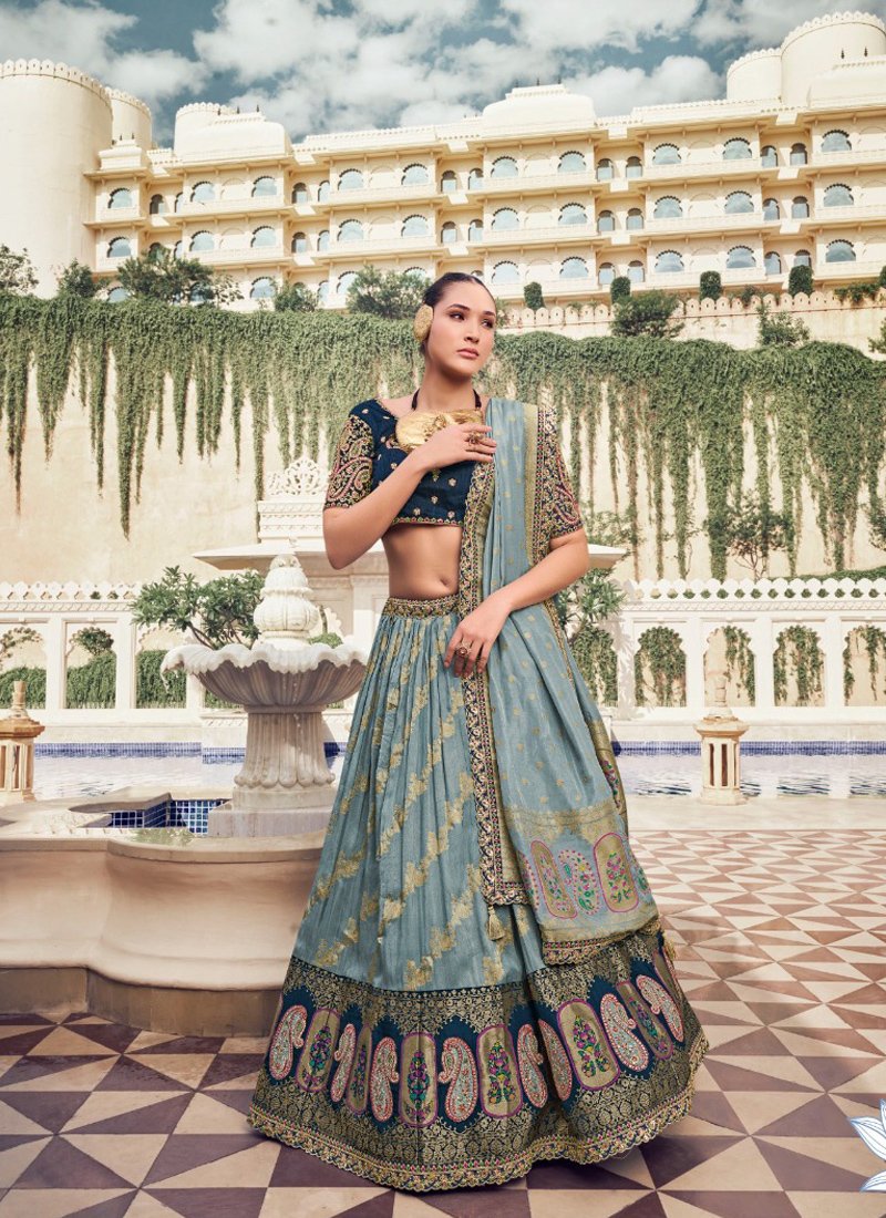 Stylish hand-weaving organza tissue lehenga choli in blue