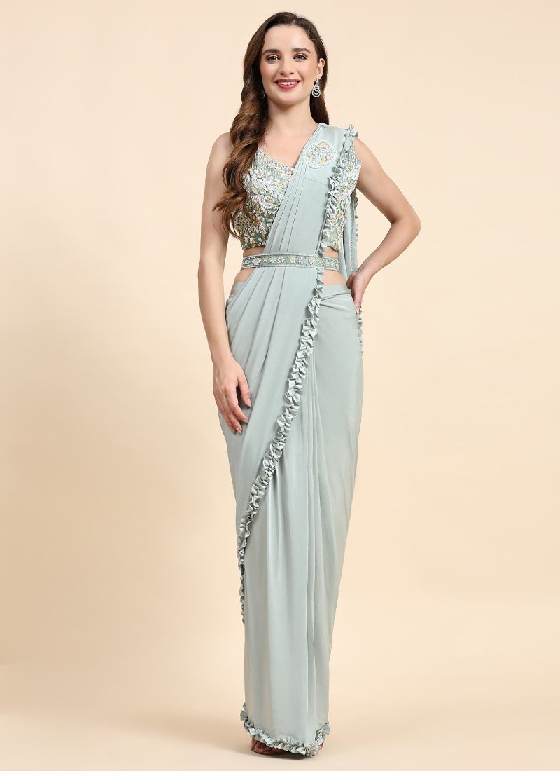 Beautifully hand embroidered satin saree in grey