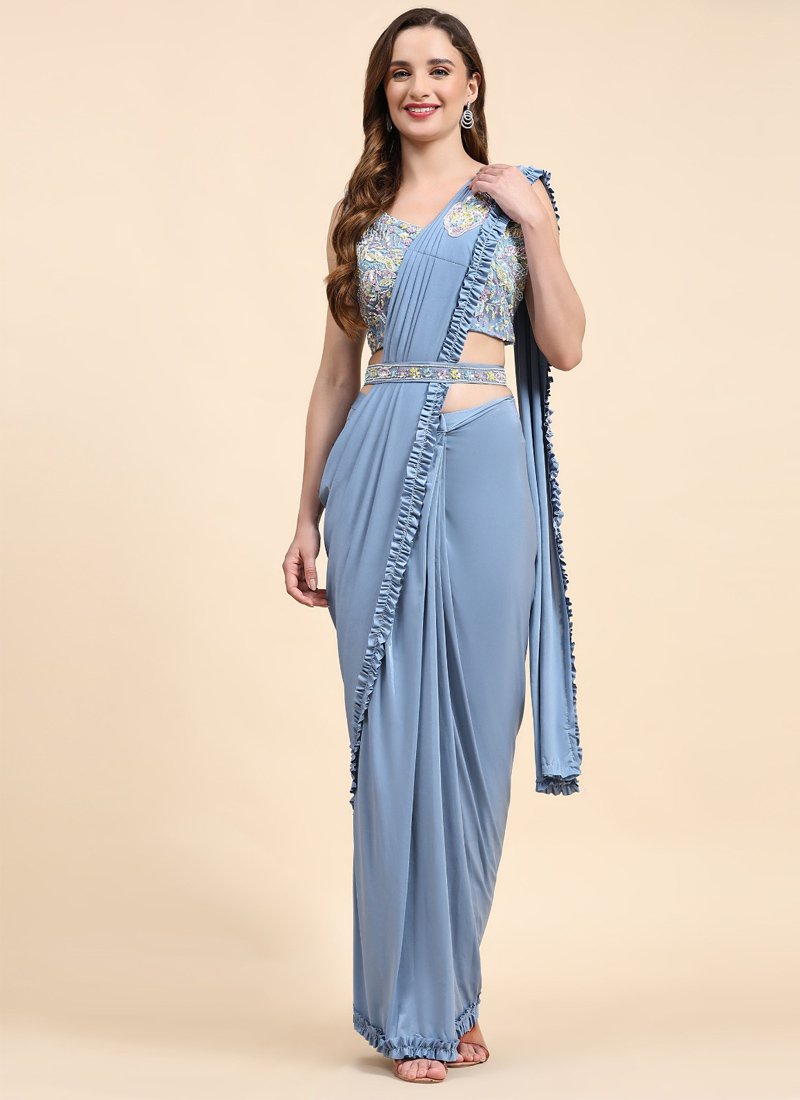 Beautifully hand embroidered satin saree in blue