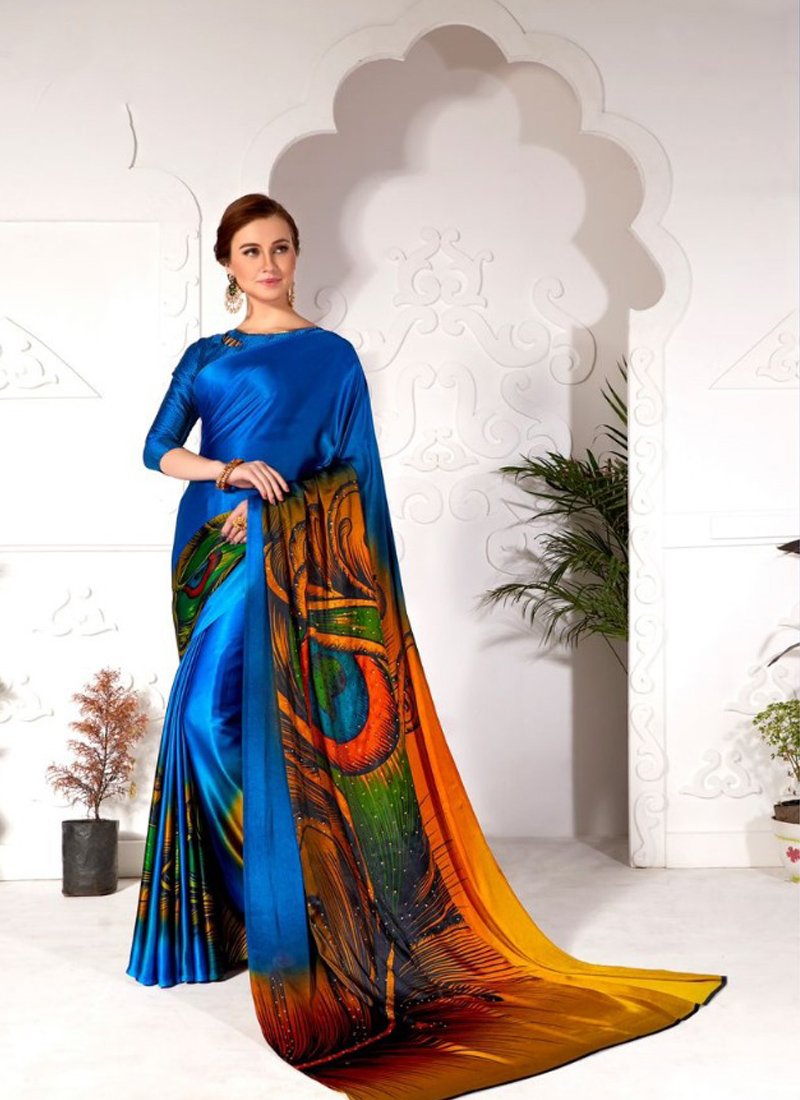 Trendy hand printed satin silk saree in dark blue