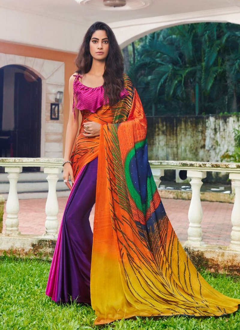 Trendy hand printed satin silk saree in purple