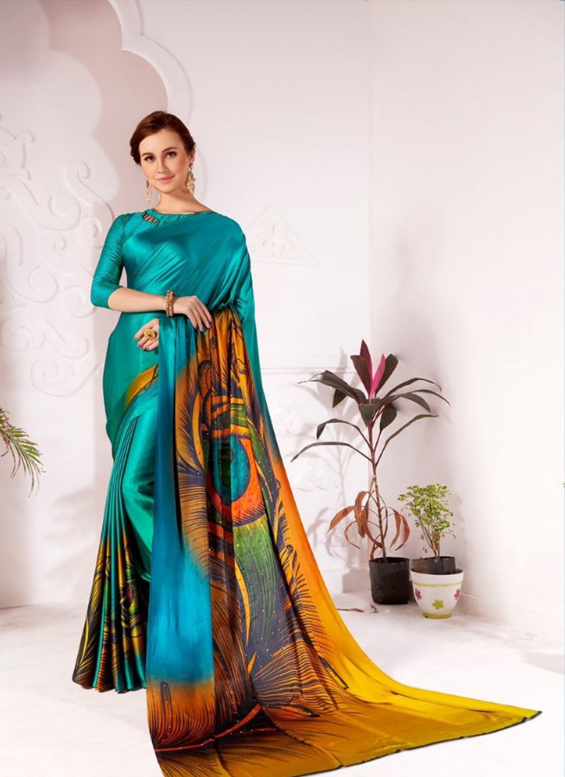 Stylish hand printed satin silk saree in green