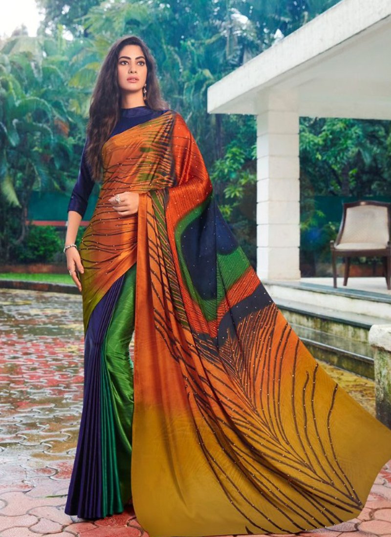 Stylish hand printed satin silk saree in orange