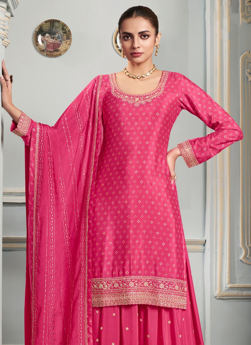 Beautiful heavy embroidered chinon sharara suit in pink