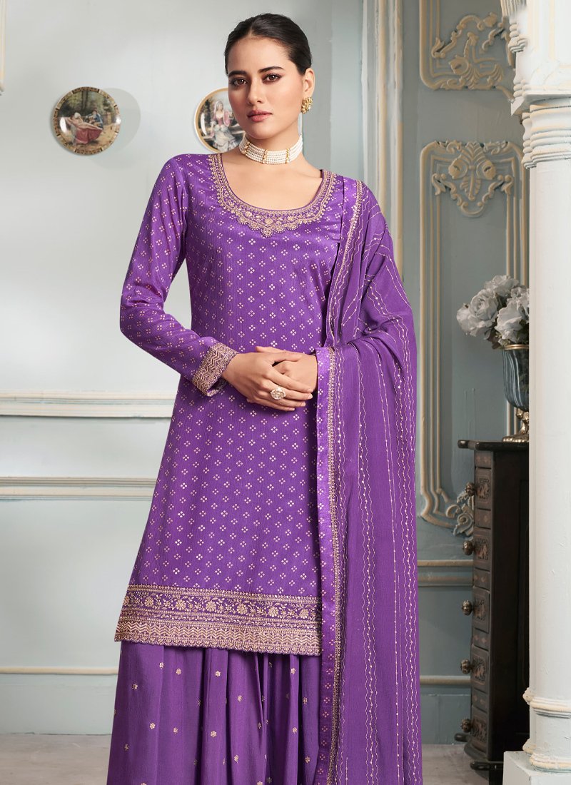 Beautiful heavy embroidered chinon sharara suit in purple