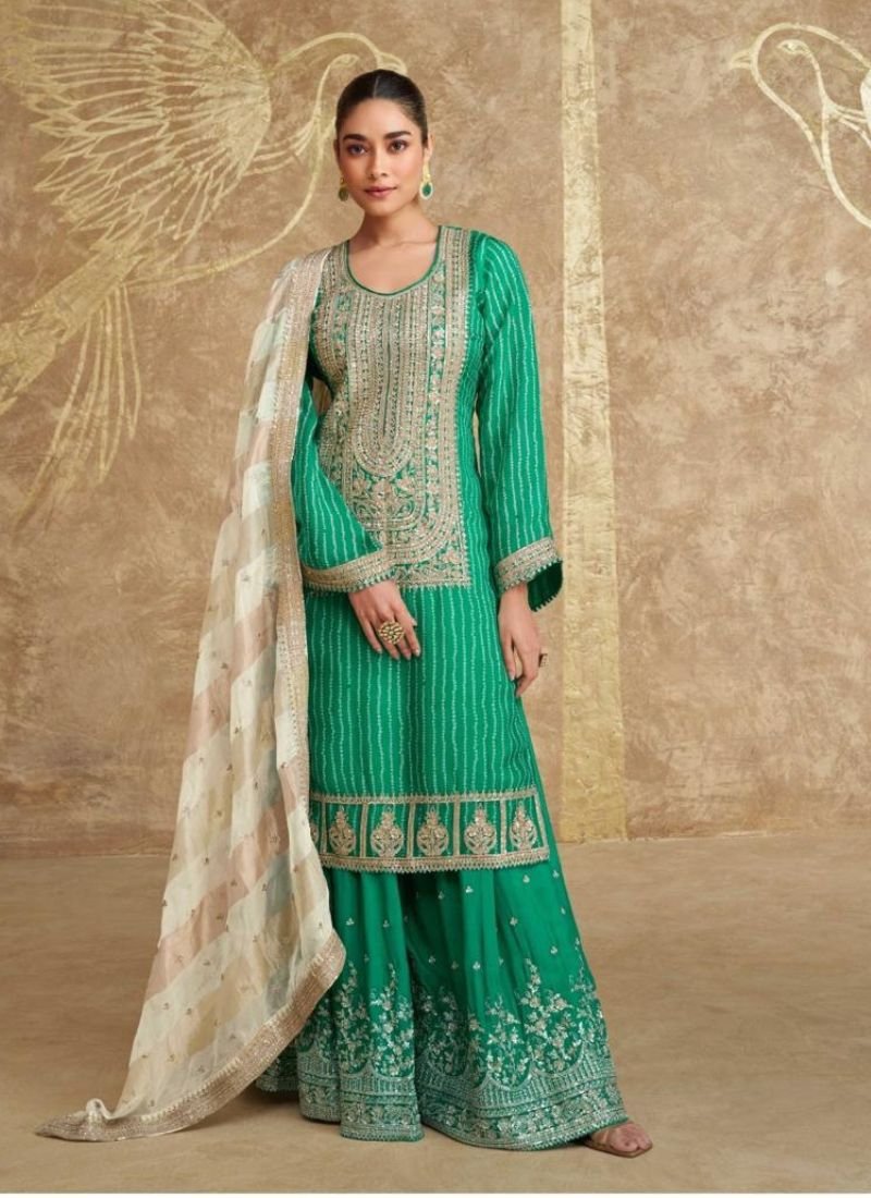 Trendy digital embroidered chinon sharara suit in green