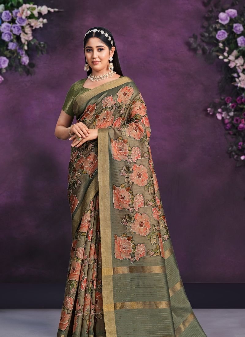 Digital Print Work Trendy Silk Saree in mehandi