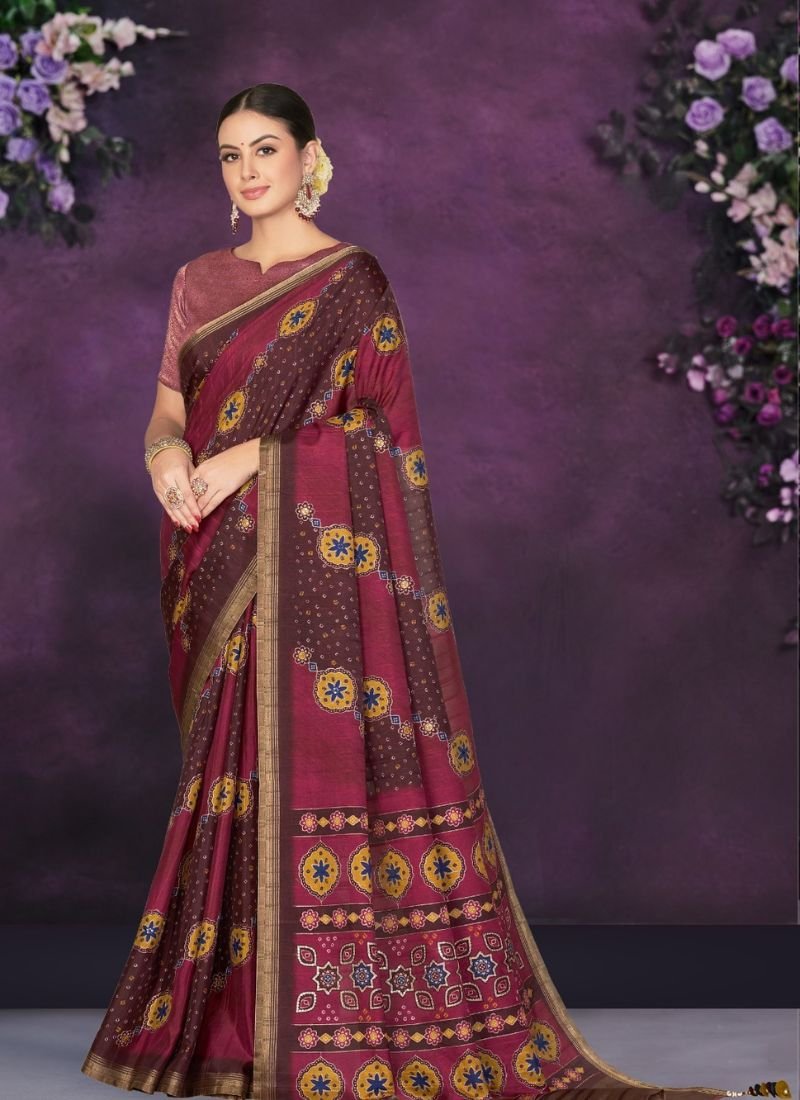 Digital Print Work Trendy Silk Saree in maroon