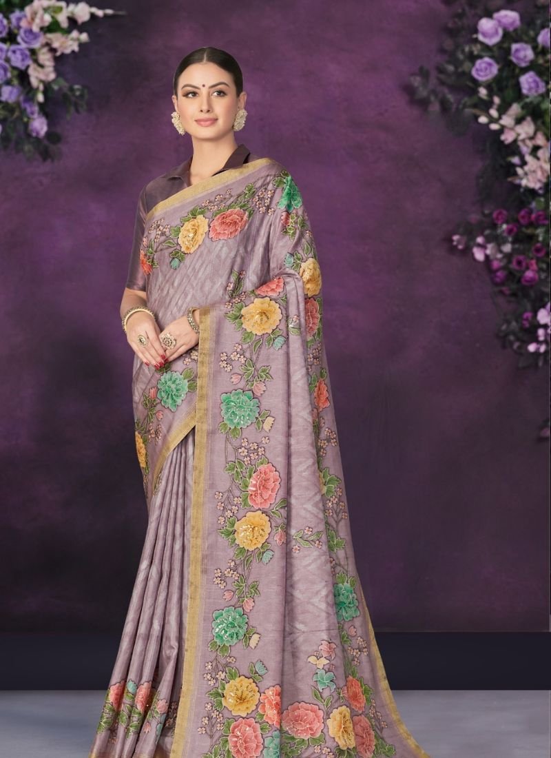 Digital Print Work Trendy Silk Saree in light purple