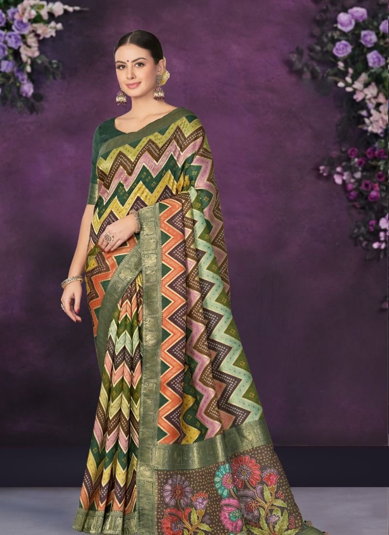 Digital Print Work Trendy Silk Saree in dark green