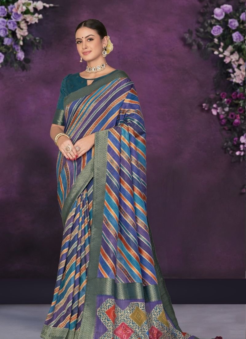 Digital Print Work Trendy Silk Saree in royal blue