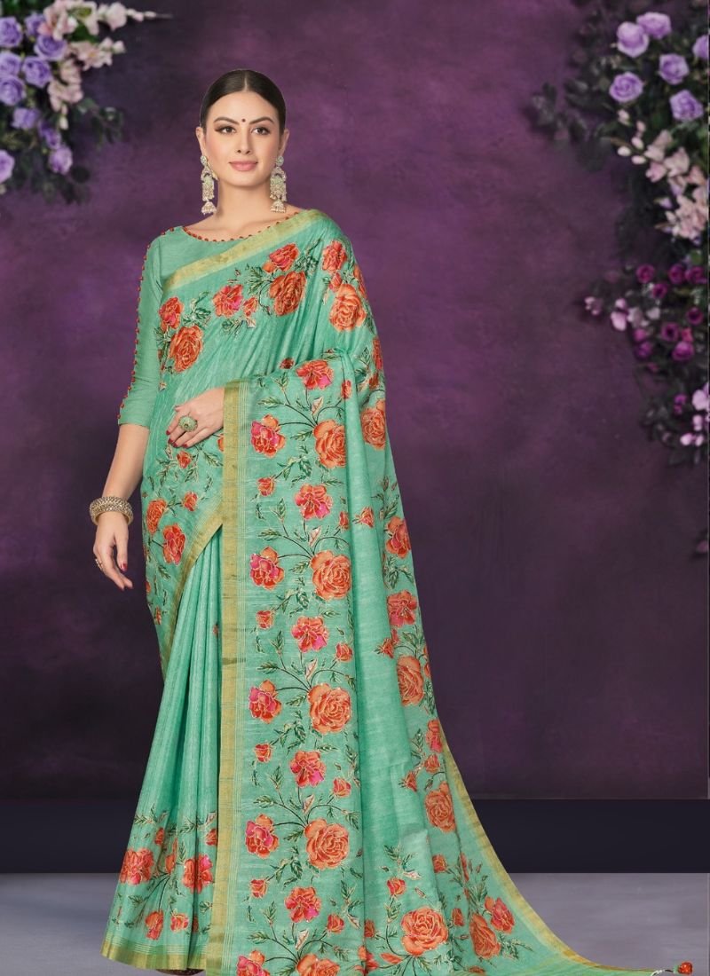 Digital Print Work Trendy Silk Saree in light green