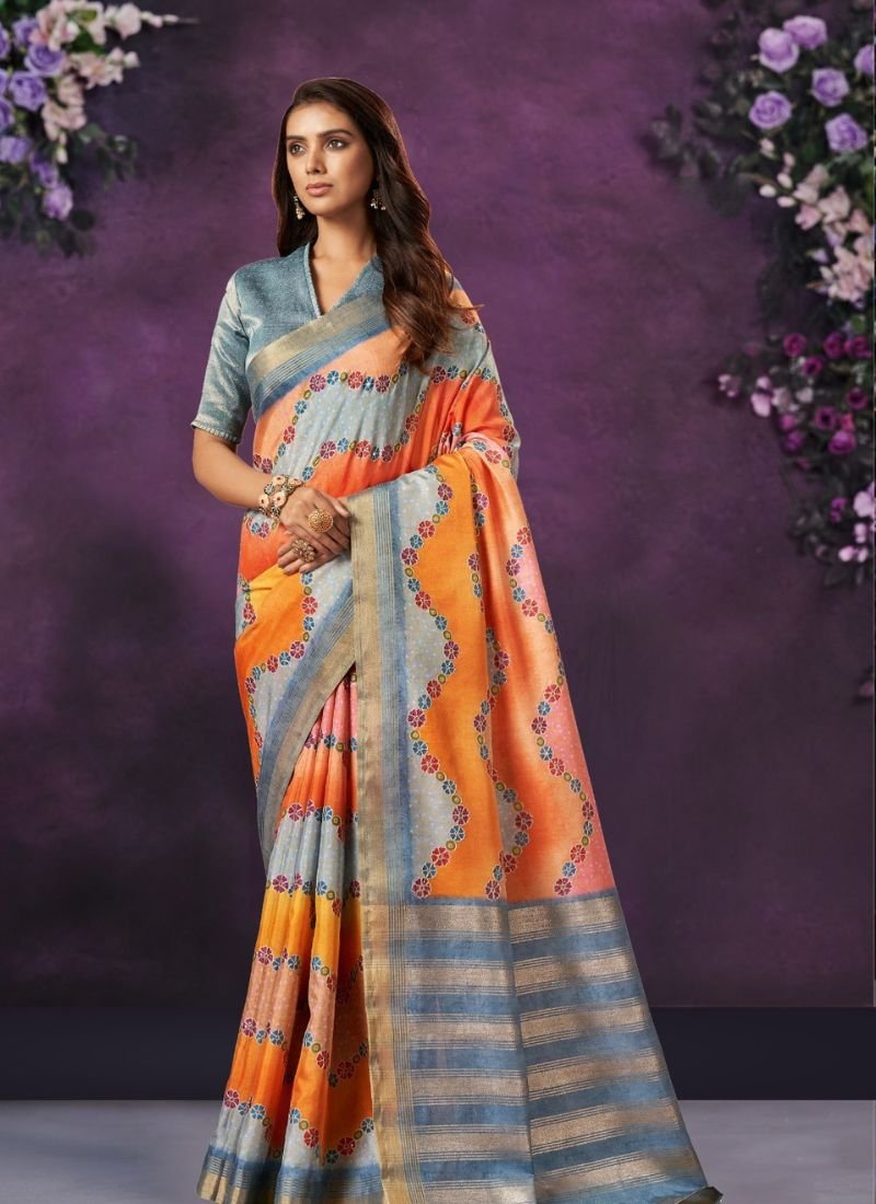 Digital Print Work Trendy Silk Saree in orange