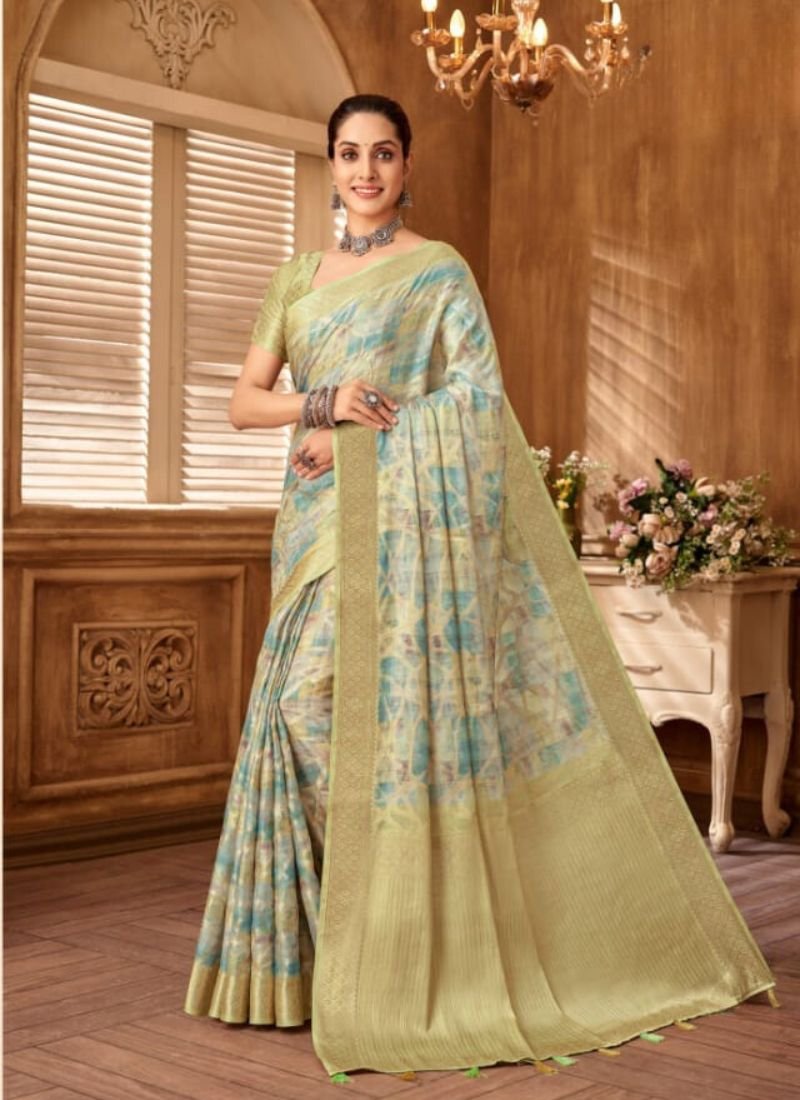 Beautiful jacquard printed silk saree in cream