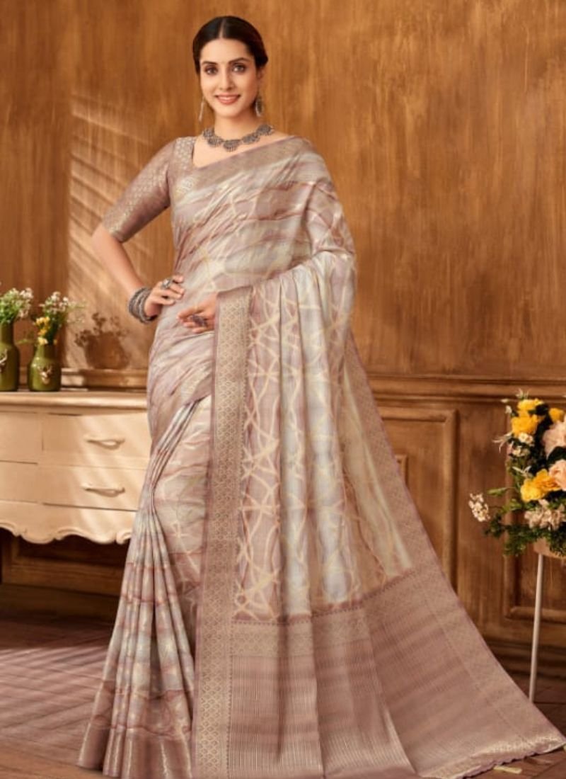 Beautiful jacquard printed silk saree in light brown