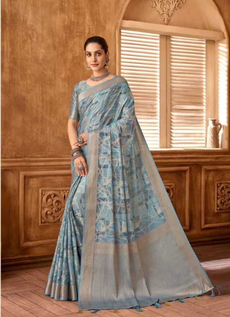 Beautiful jacquard printed silk saree in blue