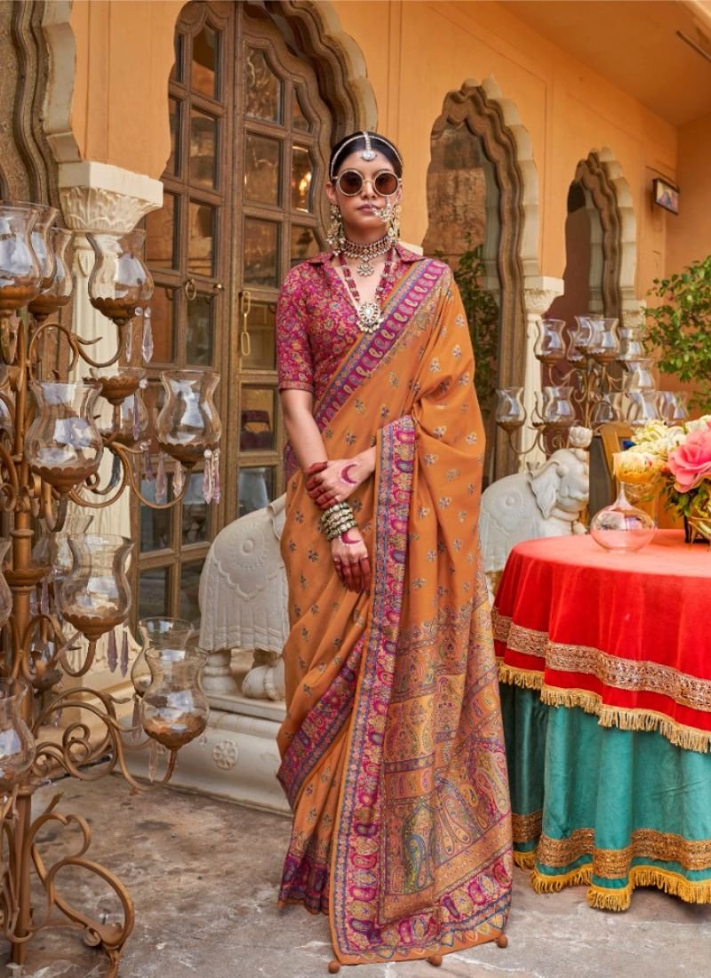 Traditional floral printed soft silk saree in mustard