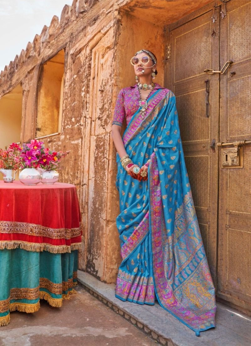 Traditional floral printed soft silk saree in blue