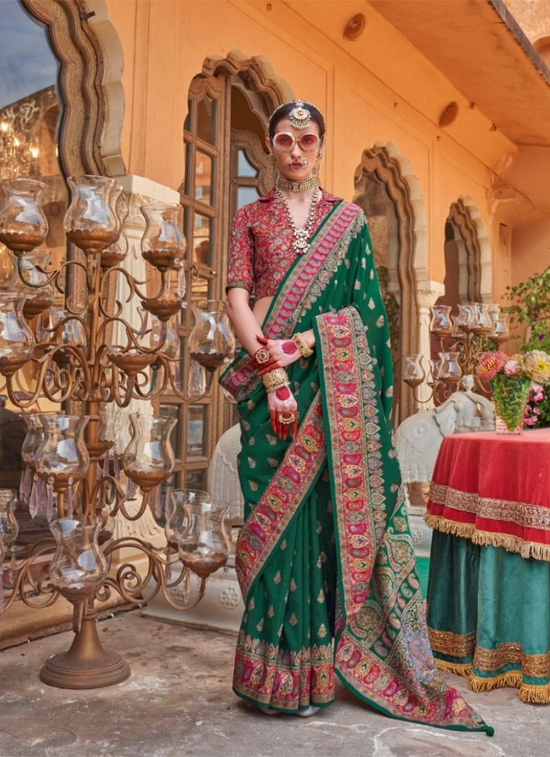 Traditional floral printed soft silk saree in dark green