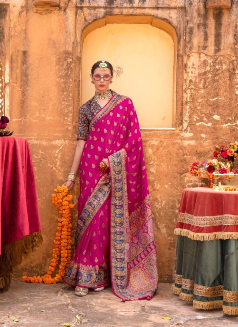 Traditional floral printed soft silk saree in pink