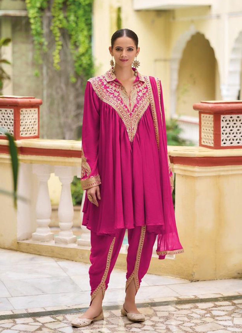 Designer thread embroidered pure chinon salwar suit in pink