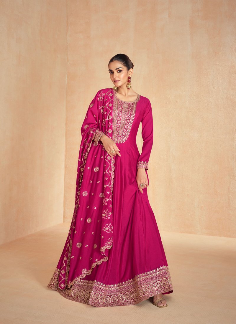 Stylish thread embroidered silk anarkali suit in pink