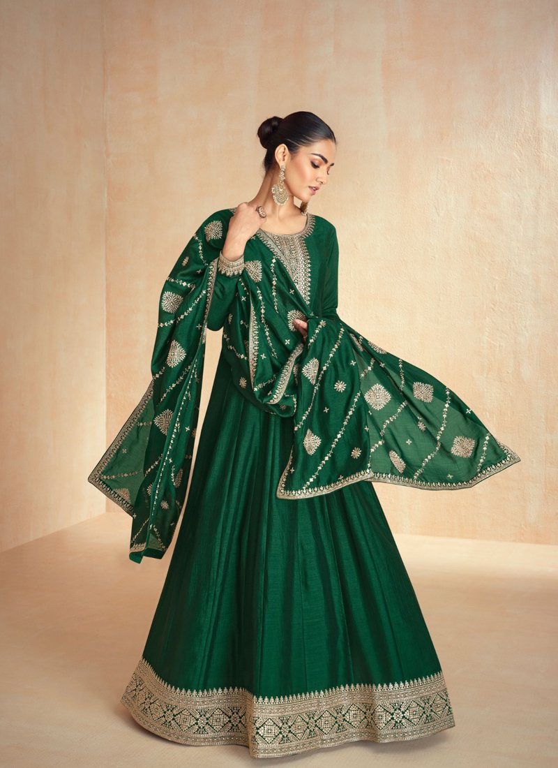 Stylish thread embroidered silk anarkali suit in dark green