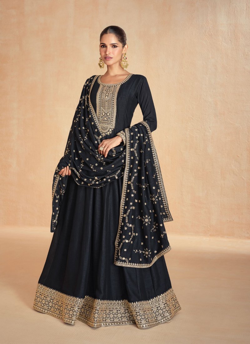 Stylish thread embroidered silk anarkali suit in black