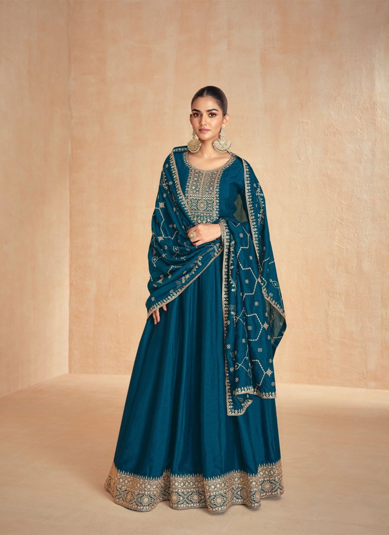 Stylish thread embroidered silk anarkali suit in dark blue