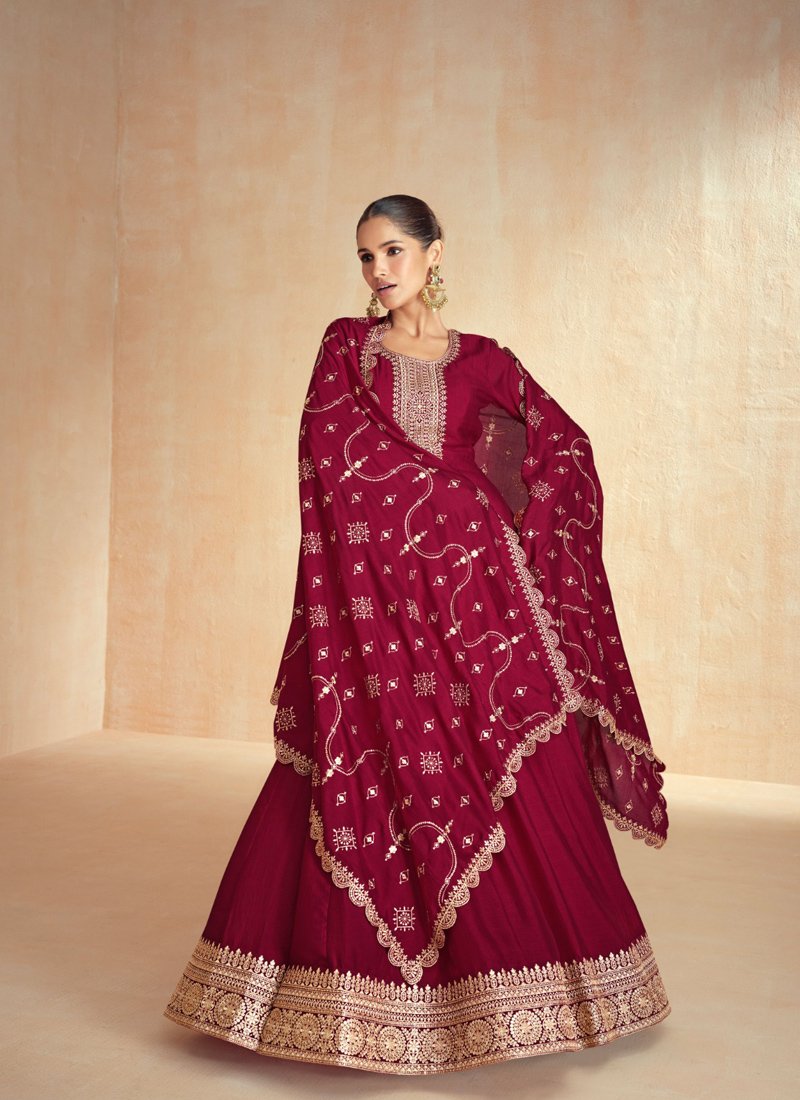 Stylish thread embroidered silk anarkali suit in maroon