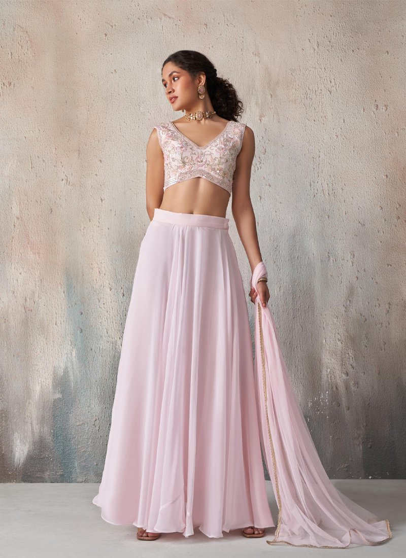 Exquisite embroidered chinon lehenga in baby pink