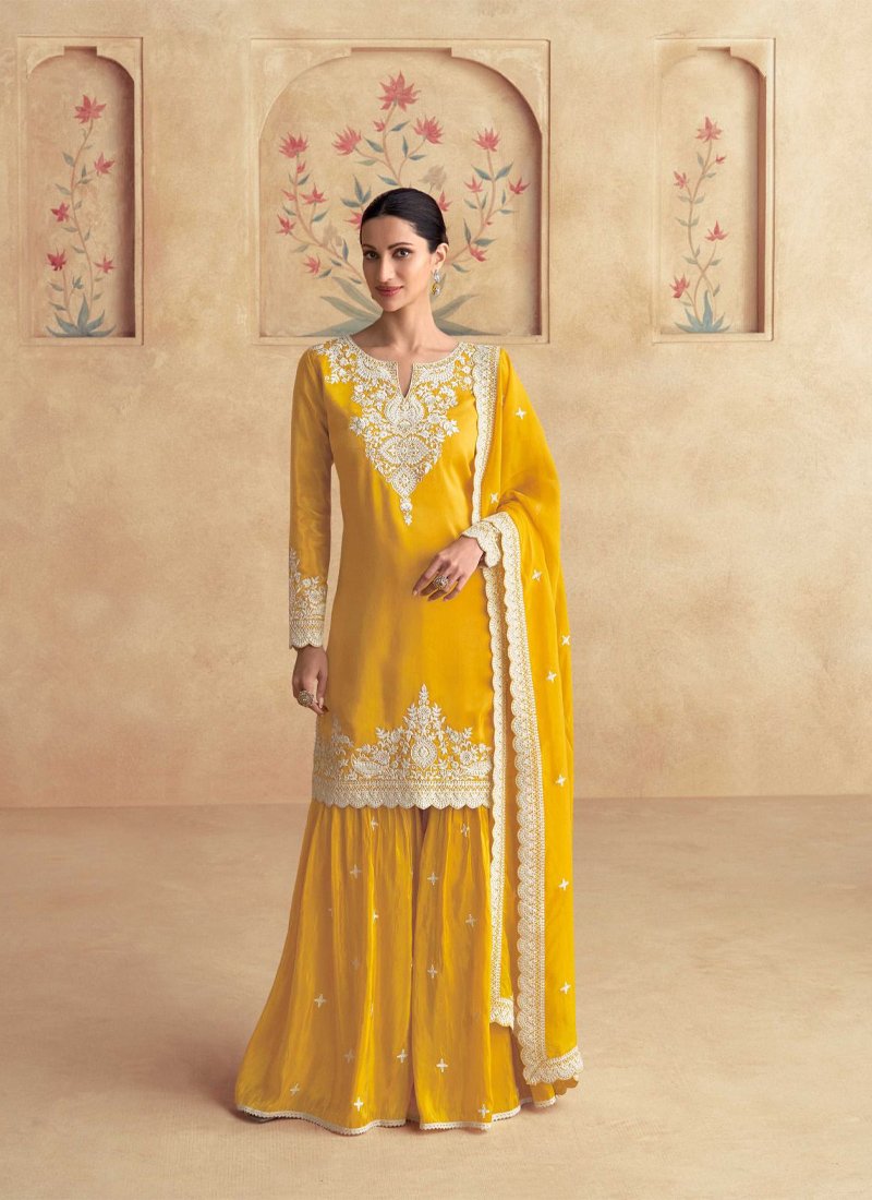 Trendy thread embroidered simar silk sharara suit in yellow