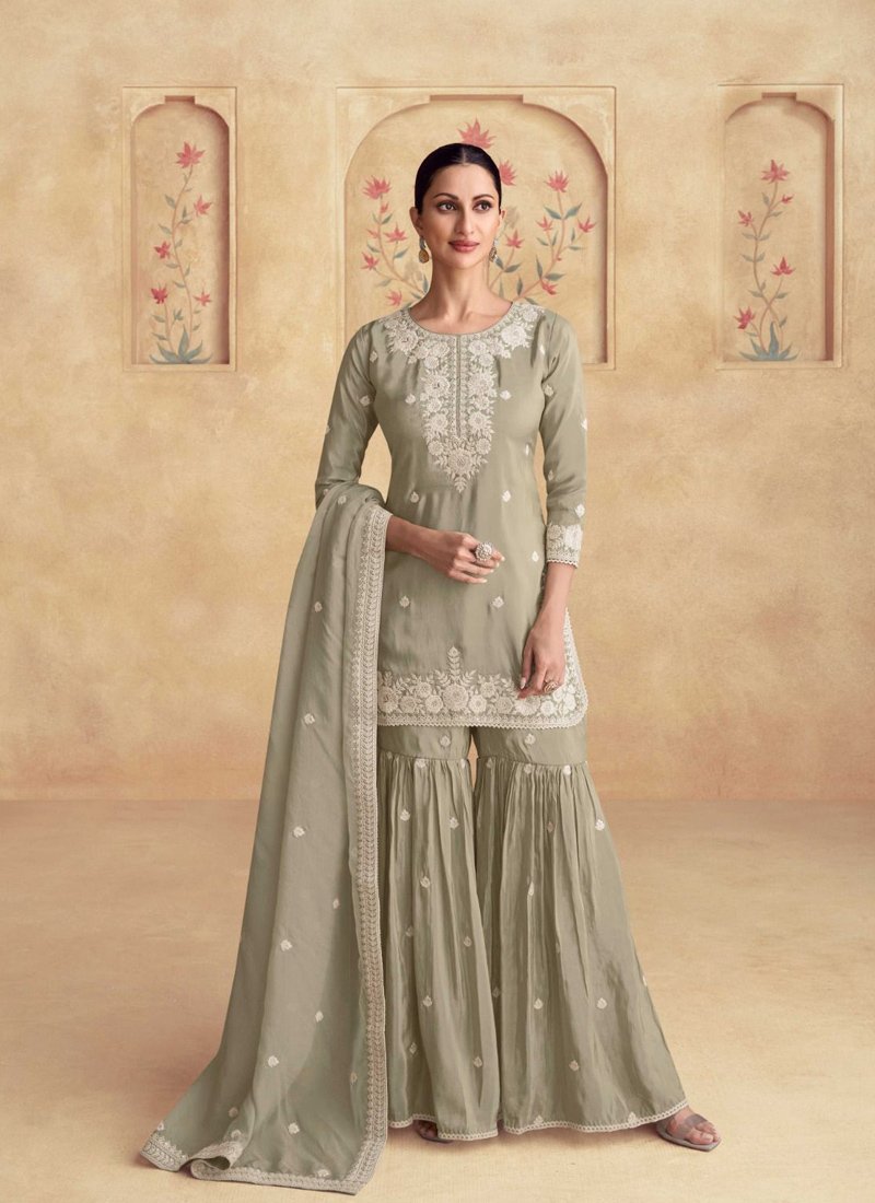 Trendy thread embroidered simar silk sharara suit in green