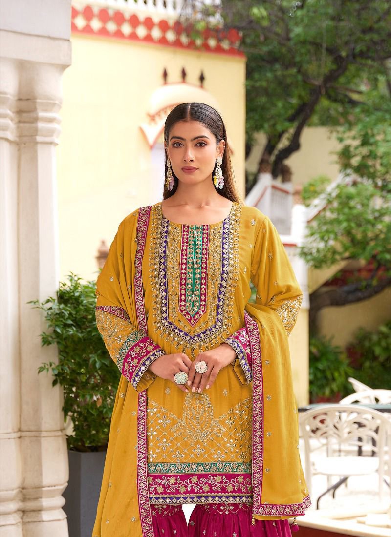 Pretty zari embroidered viscose chinon sharara suit in yellow