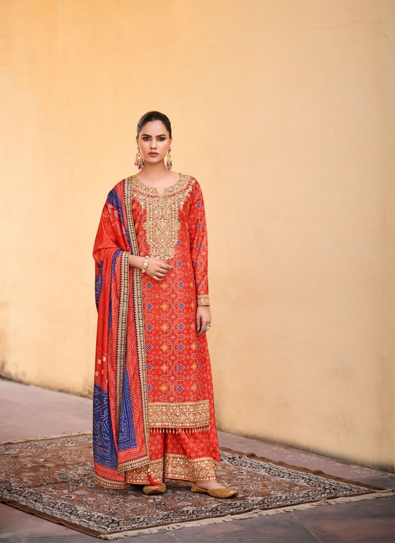 Premium digital printed chinon palazzo suit in red