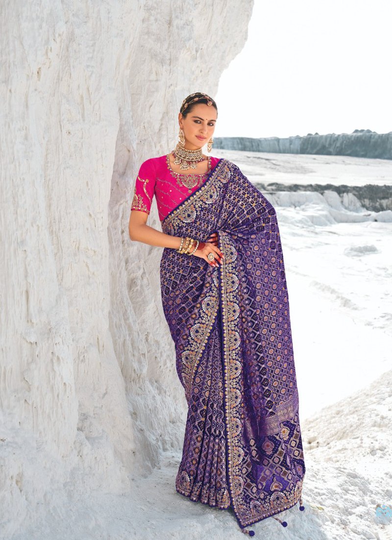 Beautiful bandani printed pure georgette saree in purple