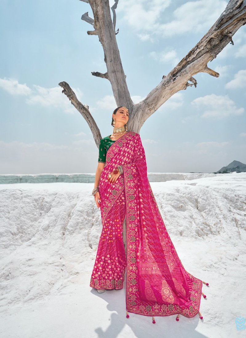 Beautiful bandani printed pure georgette saree in hot pink